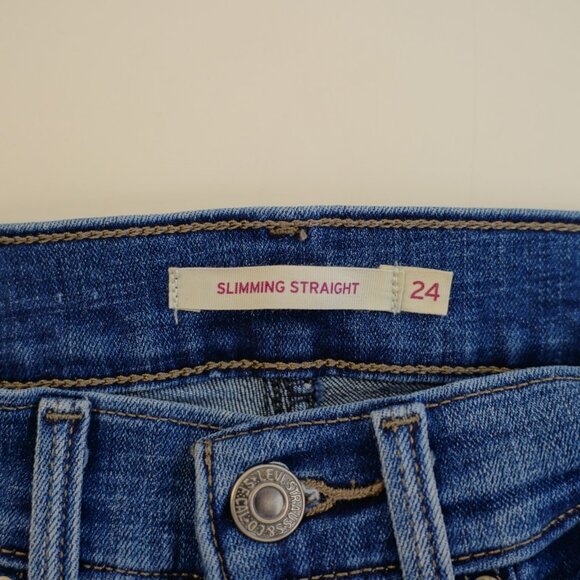 Levi's Slimming Straight Blue Denim Jeans Stone Wash Whiskering -24- 25 / 30 Mid - Picture 7 of 9